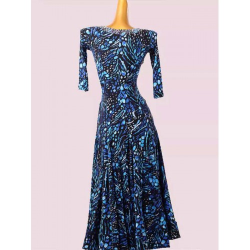 Custom size blue floral printed ballroom dance dresses for women girls waltz tango foxtrot smooth rhythm dancing long skirts for female